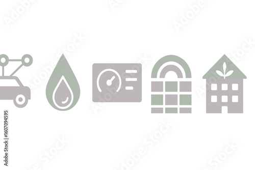Modern technology represents sustainable transportation, water conservation, smart monitoring, and eco-friendly housing solutions