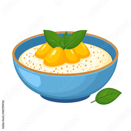 A blue bowl of creamy porridge with sliced apricots and fresh mint garnish.