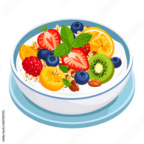 Illustrated bowl of yogurt with fresh fruit, berries, nuts, and mint leaves.
