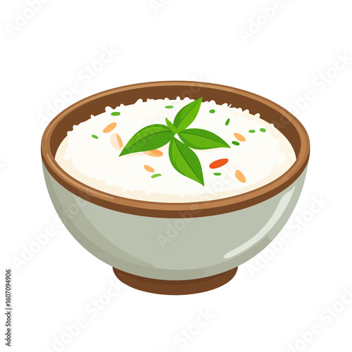 Illustrated bowl of creamy white rice porridge with a fresh basil sprig and colorful seasonings.
