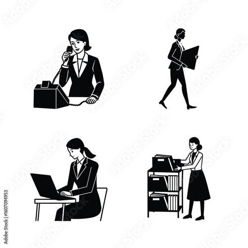 Silhouette of businesswoman talking talephone, working on laptops at their office desks, file and folder carying and put the self ,