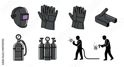 Essential welding gear and safety equipment icons set in flat design