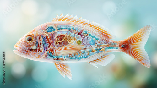 Intricate mechanical fish with gears and cogs visible inside its transparent body