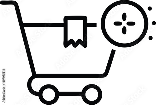 Black shopping cart icon with add badge and wishlist