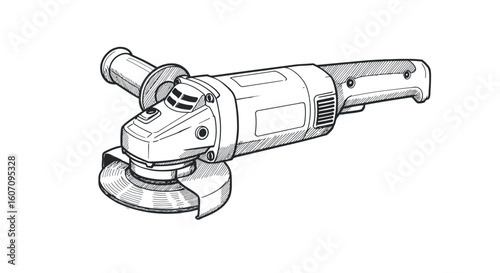 Detailed black and white handheld angle grinder sketch for tool enthusiasts
