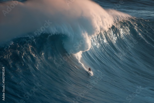A surfer catching a massive wave