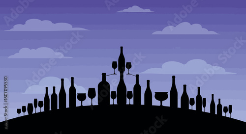 Silhouette of wine bottles and glasses against a twilight sky
