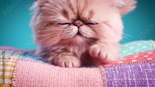 A fluffy, cream-colored kitten with its eyes closed, resting on a colorful patchwork quilt.