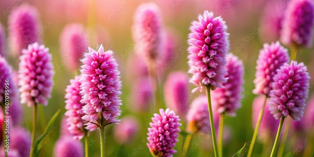 A close-up shot of Bistort flowers in a field with a blurred background, highlighting their unique five-petaled shape and vibrant pink color, flowers, pink flowers A close-up shot of Bistort flowers in a field with a blurred background, highlighting their unique five-petaled shape and vibrant pink color, flowers, pink flowers