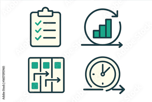 Illustration of project management concepts including checklist, progress chart, task flow, and time management