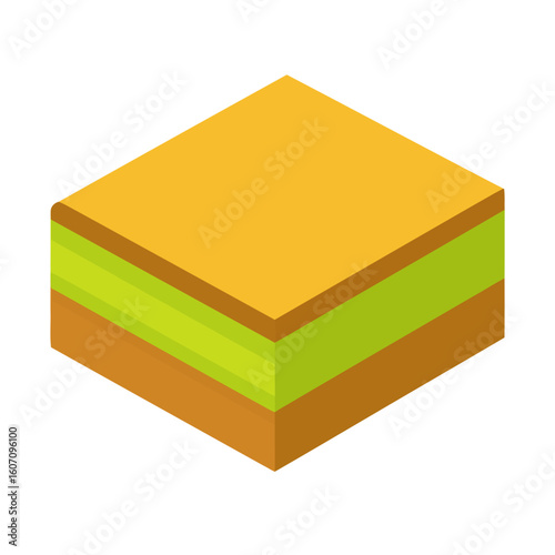 Isometric cube showing a cross-section of land with golden, green, and brown layers representing soil strata.