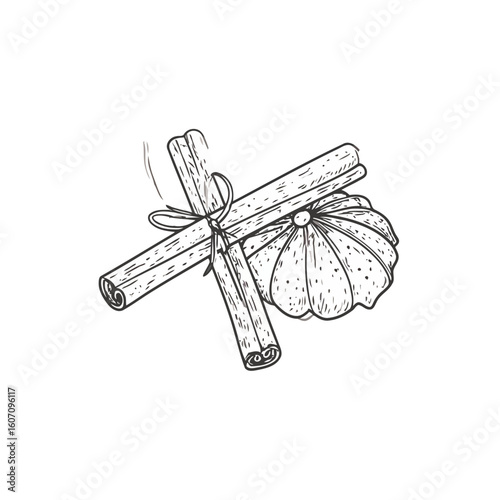 Hand-drawn sketch of crossed cinnamon sticks tied with a bow and a fluted shell cookie.