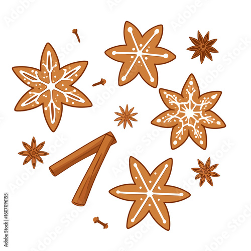 Festive star-shaped gingerbread cookies with white icing, cinnamon sticks, star anise, and cloves.