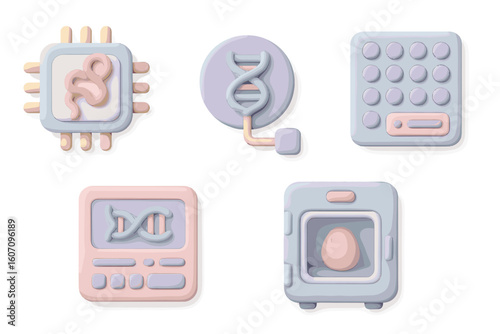 Colorful scientific icons representing biotechnology concepts in a modern design