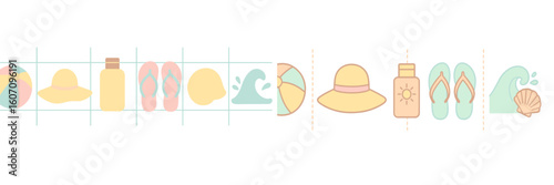 Summer beach elements featuring sun hats, flip flops, sunscreen, and seashells in a vibrant design