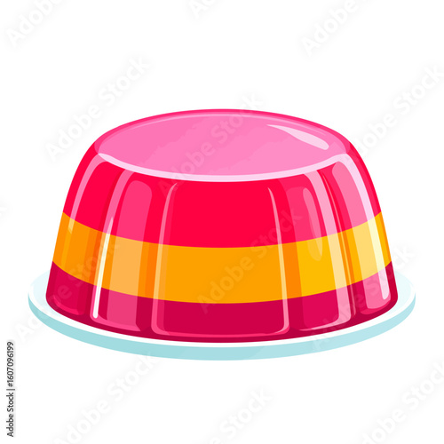 A vibrant, multi-layered jelly pudding with glossy pink, red, and orange stripes, served on a plate.