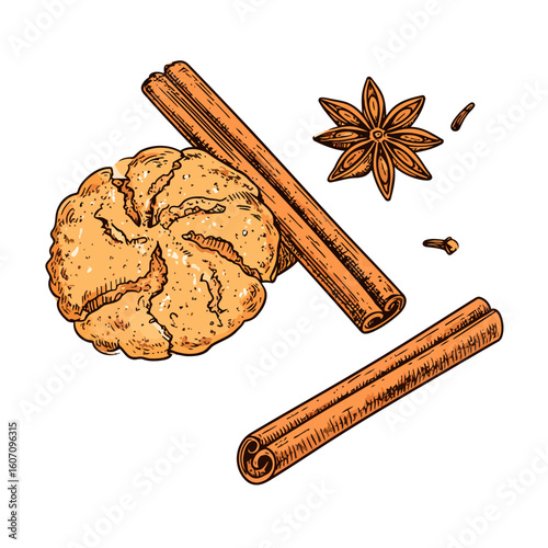 Hand-drawn illustration of a cracked cookie with cinnamon sticks, star anise, and cloves.