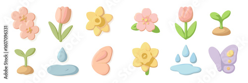 Colorful spring-themed fondant decorations for baking, showcasing flowers and nature elements