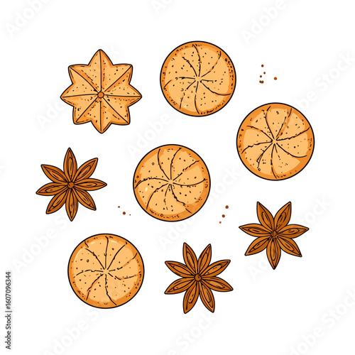 A hand-drawn assortment of round pinwheel cookies, a star-shaped biscuit, and star anise pods.