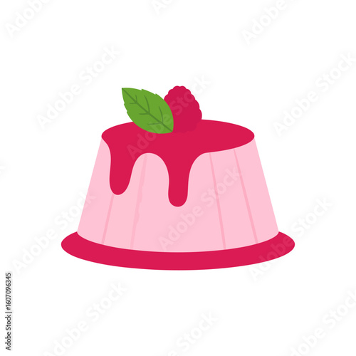 Pink raspberry panna cotta dessert with dripping sauce and mint leaf garnish.