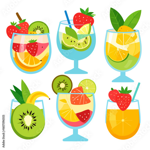 Vibrant set of six illustrated summer fruit cocktails with fresh strawberry, kiwi, and citrus slices.