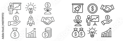 Various icons representing finance, business growth, and investment concepts in a minimalistic design