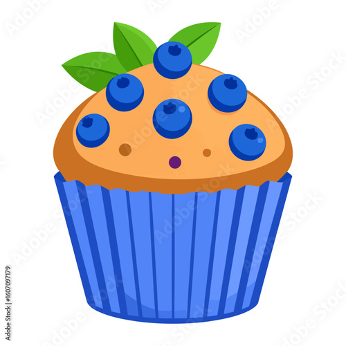 A vibrant cartoon blueberry muffin in a blue paper liner, topped with fresh berries and green leaves.
