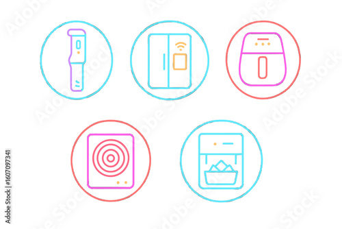 Home appliances outlined in colorful icons showcase modern convenience in daily chores