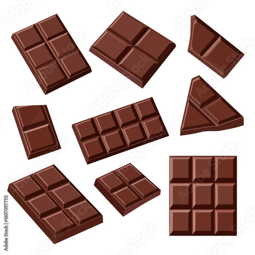 Vector set of dark chocolate bars and broken pieces. Assorted chunks and segments of sweet confectionery.