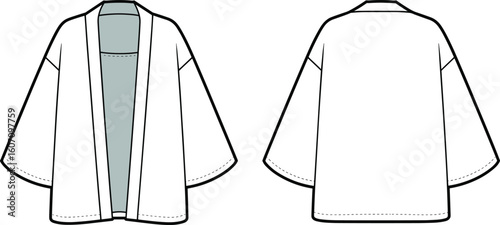 Kimono cardigan front and back flat sketch, vector fashion cad with wide sleeves and open front for design templates