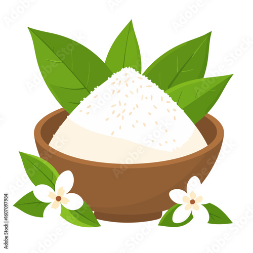 A rustic brown bowl holding a mound of white granular rice, adorned with fresh green leaves and two white jasmine flowers.