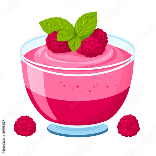Layered raspberry mousse dessert in a glass bowl, garnished with fresh berries and mint leaves.