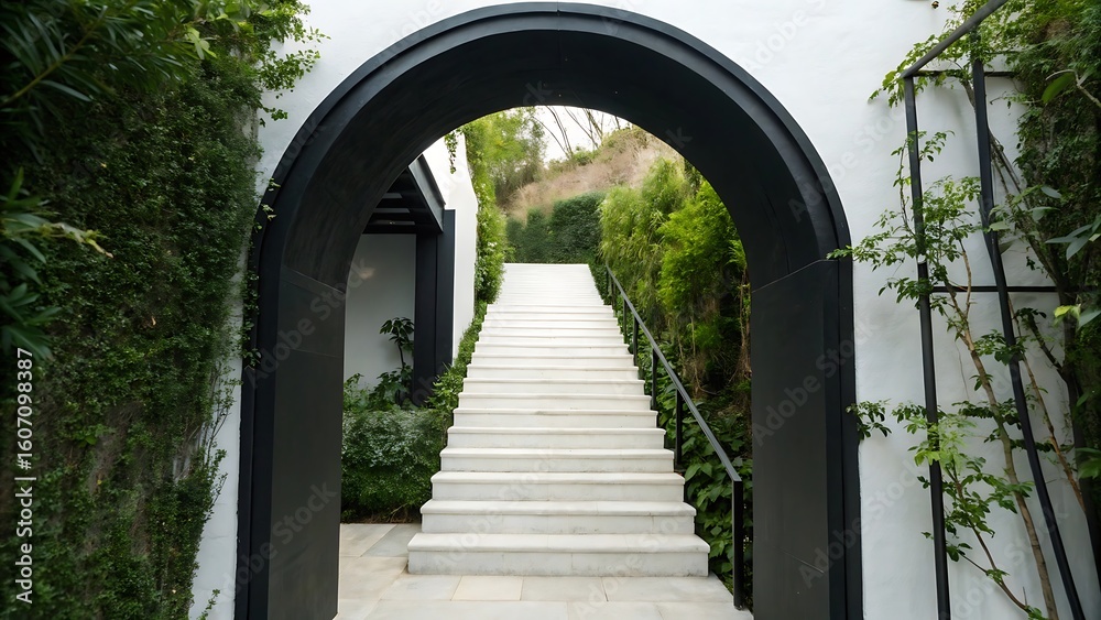 Fototapeta premium A black archway frames a long white staircase leading up through a lush green garden transparent background