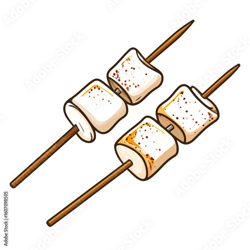 Two skewers of lightly toasted, puffy marshmallows with golden-brown spots, cartoon style.