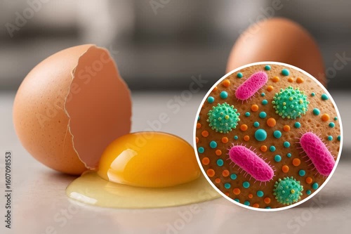 Cracked raw egg on a kitchen counter, with a zoomed-in circle revealing bacteria like salmonella and listeria on the eggshell surface, highlighting food contamination risks from uncooked eggs