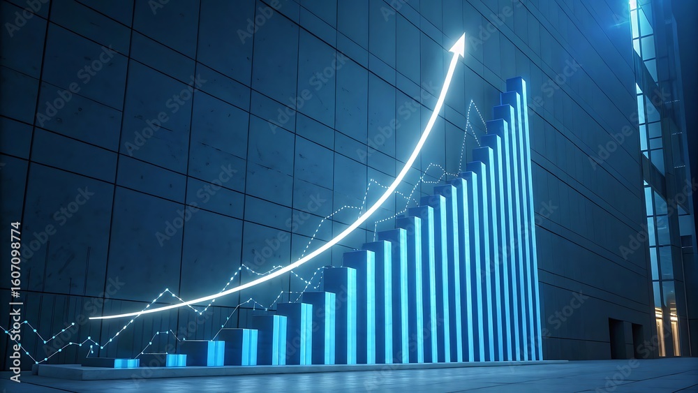 Obraz premium A blue bar graph shows an upward trend with a glowing arrow, indicating business growth and financial success transparent background