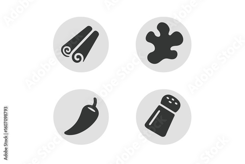 Various cooking ingredients including spices and seasonings arranged in circles for culinary presentation