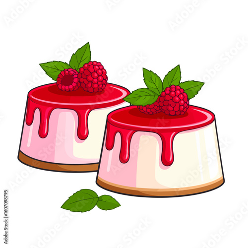 Two creamy panna cotta desserts with dripping raspberry sauce, fresh berries, and mint garnish.