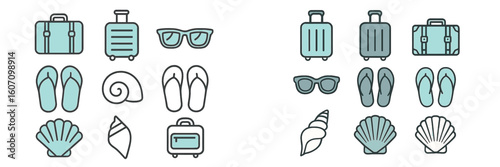 Travel essentials for a beach vacation including bags, sunglasses, shells, and flip flops arranged neatly on a flat surface