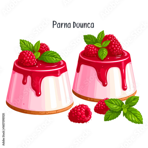 Two creamy raspberry panna cotta desserts with glossy dripping sauce and fresh mint garnish.