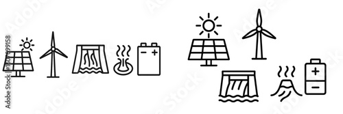 Renewable energy sources represented with solar panels, wind turbines, geothermal systems, and batteries in a simple graphic style