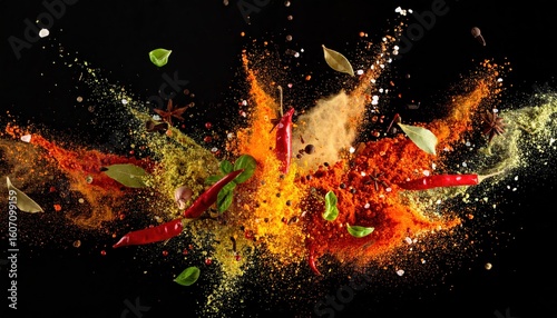 Fototapeta Naklejka Na Ścianę i Meble -  Exploding Spices: Vibrant Chili Peppers, Herbs, and Powders Against Black Backdrop