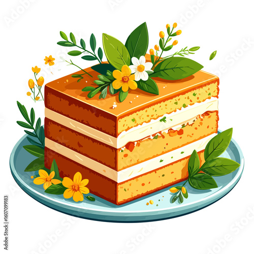 Illustrated square slice of layered cake with cream, garnished with yellow flowers and fresh green leaves.