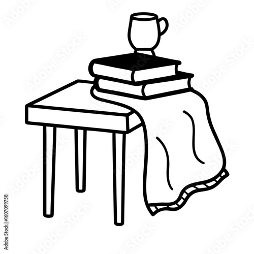 Side table with closed books, reading glasses, paperweight, and a soft throw blanket draped nearby. Calm and composed.