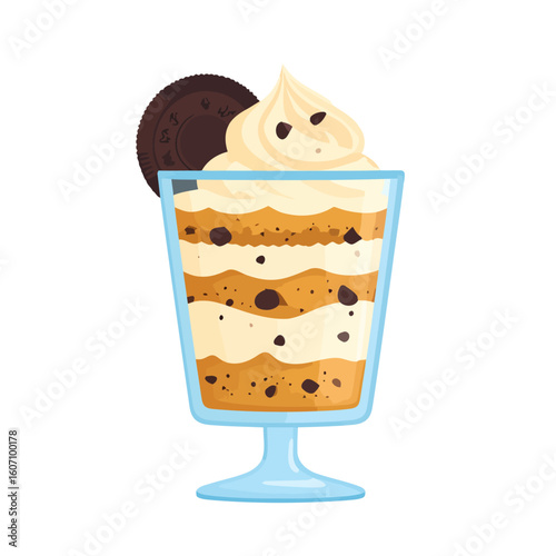 Layered cookies and cream parfait with chocolate chips and a whipped topping, garnished with a chocolate sandwich cookie in a glass.