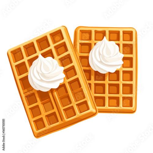 Two golden-brown rectangular Belgian waffles topped with swirls of white whipped cream.