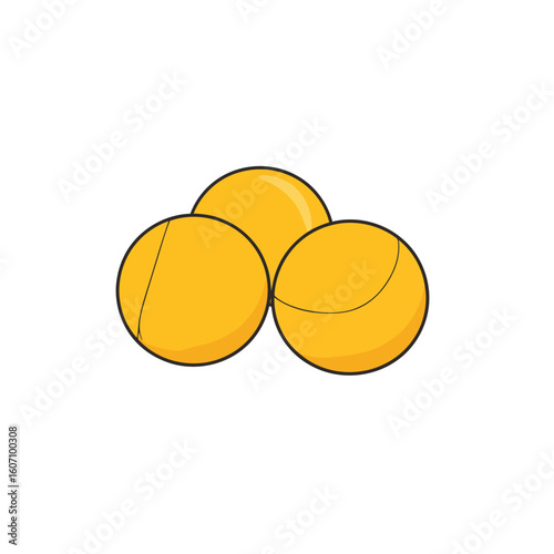 A group of three yellow table tennis balls with black outlines and glossy highlights.