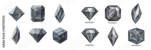 Various geometric shapes of dark gemstones displayed in an artistic arrangement showcasing elegance and symmetry