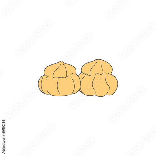 Simple cartoon illustration of two golden puffy cream puffs. Classic French choux pastry dessert with delicate line art.