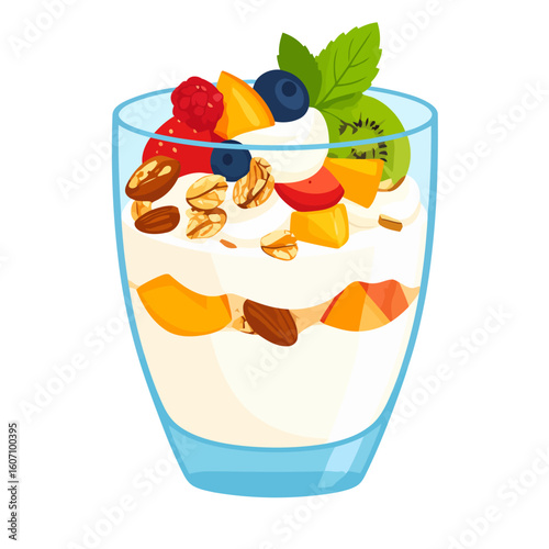 Vector illustration of a healthy breakfast parfait with yogurt, granola, fresh berries, kiwi, and mint.